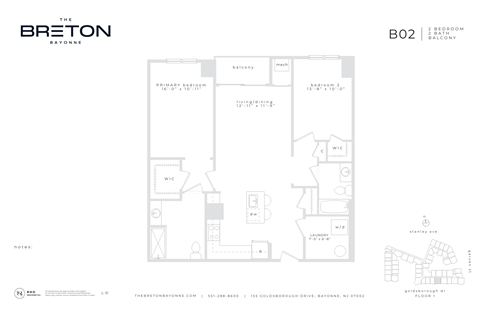 Floor plan for 2 beds, 2 baths, 1160 sqft